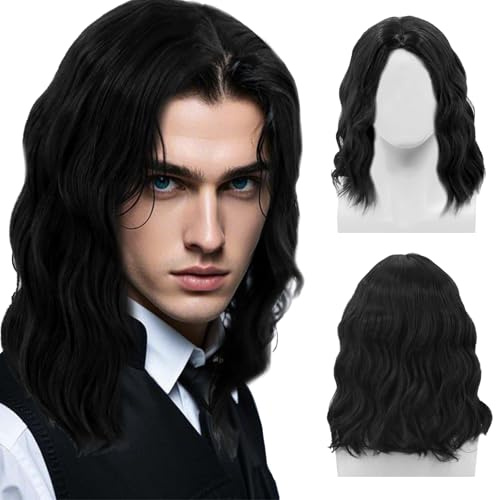 TUONYIS 70er 80er Herrenperücke, Lange Schwarz Perücke für Herren, Männer lockige Cosplay-Perücken, Herren Kostüm Hippie Rockstar Herrenperücke für Fasching Halloween Kostüm (Schwarz)