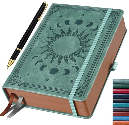 HwxBen Carnet de Journal pour Hommes et Femmes, 360 Pages, Carnet de Journaling avec Stylo, Design Vintage Soleil & Lune, Gris Premium, 19,6 x 25,4 cm