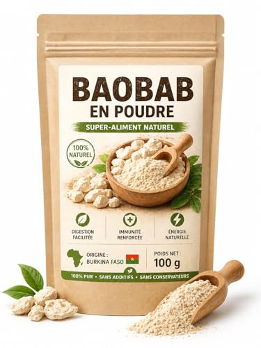 Poudre de Baobab Bio 100% Naturelle - Origine Côte d'Ivoire - Superaliment Riche en Vitamine C, Fibres et Antioxydants - Boost Immunitaire & Vitalité - Idéal Smoothies, Jus, Recettes - 100g