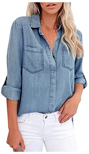 Blusskjorta damer elegant, jeansblus damer långärmad – denimskjorta blus revers sommarblus med knappslå ledig långärmad skjorta enfärgad damblusar traditionell blus mjuk jeansskjorta fritidsblus, blå