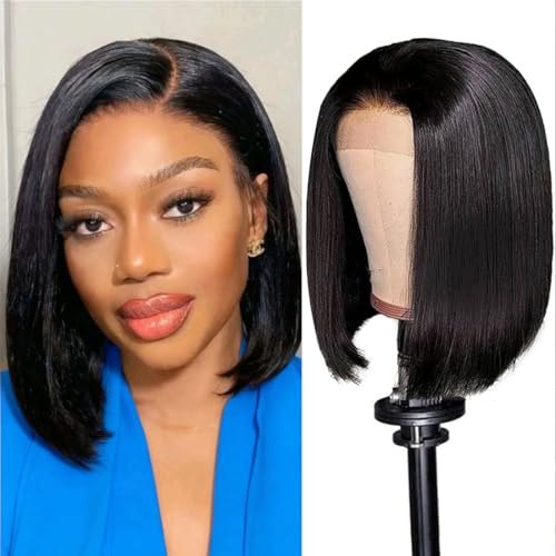 Bob Wigs Human Hair for Black Women 13x4 Ear to Ear Hd Transparent Lace Frontal Short Bob Wigs 180% Density Straight Brazilian Human Hair Wig Pre Plucked with Baby Hair Natural Color 10 Inch
