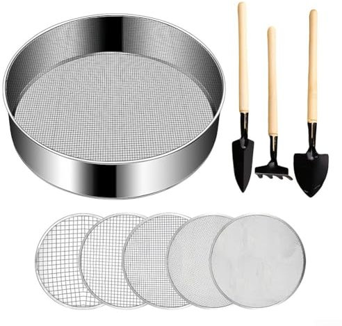 Edelstahl Gartensieb 20cm Rund Gartensieb mit 5 austauschbaren Gartensieb 5in1 mit 3 Handspaten