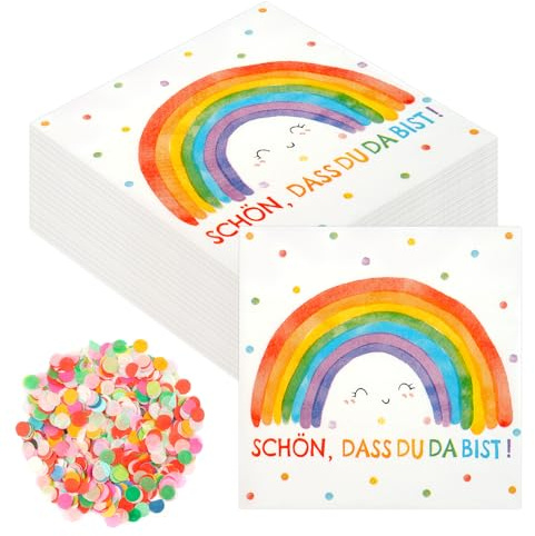 40 Stück Servietten Regenbogen, Servietten Geburtstag mit Bunt Konfetti, Papierservietten Schön Dass Du Da Bist für Kommunion Taufe Babyparty Hochzeit Tischdeko 33 x 33 cm