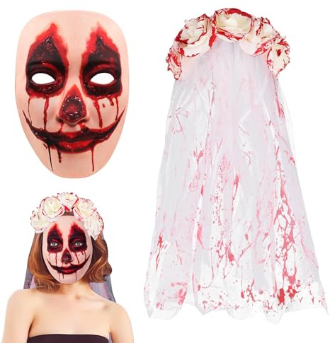 Yooyan Halloween Blutiger Schleier mit Maske für Wunden, Blumen Schleier Braut Halloween, Haarschmuck Horror Brautschleier, Fasching Mottoparty Kostüm Accessoires