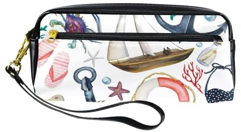 Federmäppchen, Anker, Rettungsring, Dohle, Vogel, Boot, Stifttasche, Tasche, PU-Leder, Schreibwaren-Tasche mit Reißverschluss, für Jungen und Mädchen, Schul- und Bürobedarf