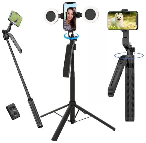 Auto Face Tracking Selfie Stick Tripod for iPhone&Android, 360° Rotation Phone Holder Stand with Remote&Fill lights, 71'' Phone Camera Tripods Stand for Content Creator Tiktok Vlog Video Recording