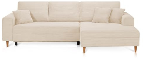 KHG Ecksofa - 275x173 cm Schlafsofa in Cord Beige rechts - modernes Ecksofa mit Schlaffunktion, Bettkasten & Kissen - stilvolles Sofa für Wohnzimmer