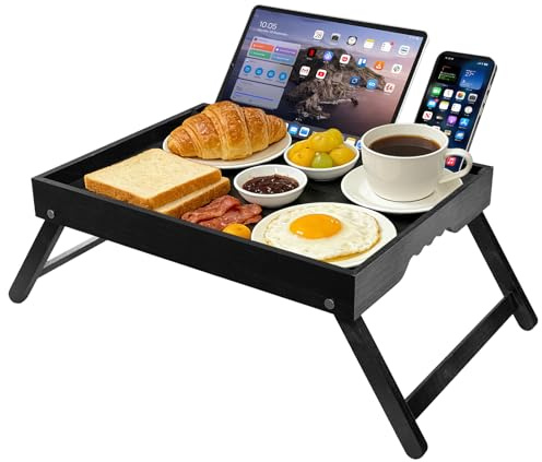 TELEXSUN Bed Tray Table with Foldable Legs, Portable Breakfast Tray with Phone Stand and Media Slot, Ideal Choices for Bedroom and Living Room Sofas - Black