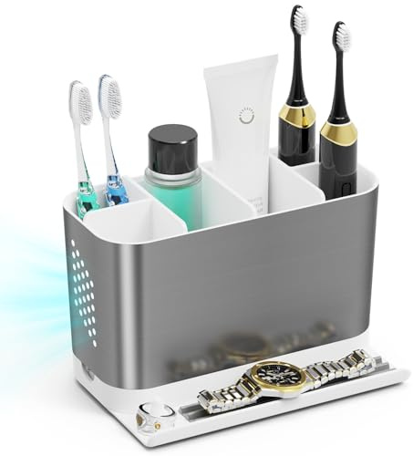 Portaspazzolino da bagno di grande capacità, organizer per spazzolini elettrici con ripiano frontale per telefono e supporto ad anello, organizer per spazzolino da denti e dentifricio, cavo nascosto