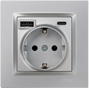 SIMON 10 Enchufe Schuko + 2 USB A+C 250V 16A Aluminio | Carga USB 10,5W. Incluye marco, tapa y mecanismo.