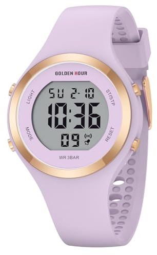 GOLDEN HOUR Reloj Digital para Mujer, Resistente al Agua, 5 ATM, Deportivo, con cronógrafo Luminoso, Fecha, Semana, Mes, Correa de Silicona, Reloj de natación para Mujer, Morado Claro