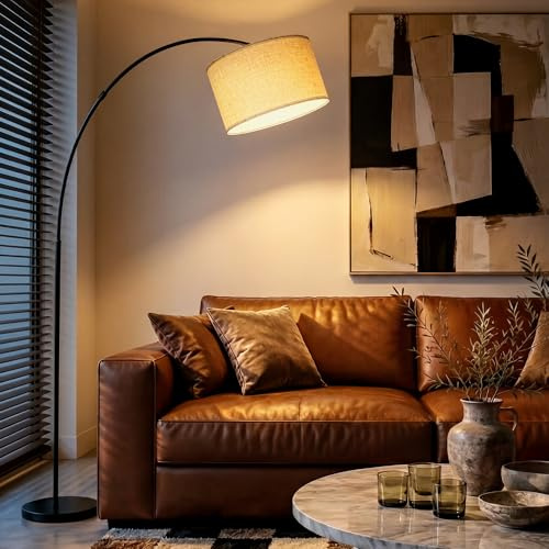 LuminexDesigns Bogenlampe Wohnzimmer 200cm Schwarz-Beige, E27 Stehlampe | Mit 80cm Ausladung, 320° verstellbarem Lampenkopf, Fußschalter, 3 Farbtemperaturen für Sofa Esstisch und Lesenecke OVEL FL21