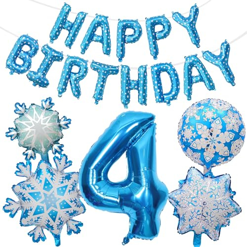 4. Geburtstagsdeko Mädchen Luftballon Set, Geburtstagsparty Deko 4 Jahre, 6 Stück Luftballons Blau mit Happy Birthday Banner für Geburtstag Mädchen Party Dekoration Zubehör