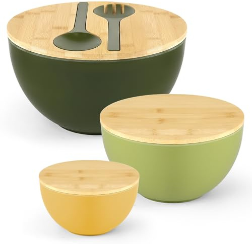 OJMHD 3 Set Large Salad Bowls with Servers, Food Mixing Bowls Set with Lids | 4.4L & 2 L & 1L Kitchen Fruit Storage Container with Spoon & Fork for Preparing and Serving Pasta Popcorn Food Vegetable