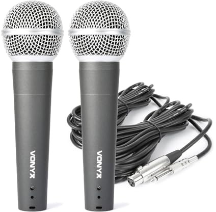 VONYX DM58 Dynamic Vocal Microphone Twin Pack with 5m Cables, Wired Cardioid XLR Handheld Mics for Karaoke, Live Singing, Speeches, Events and Home Recording
