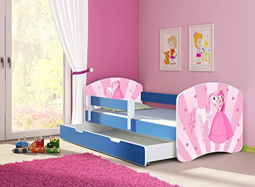 CLAMARO 'Fantasia Blau' 180 x 80 Kinderbett Set inkl. Matratze, Lattenrost und mit Bettkasten Schublade, mit verstellbarem Rausfallschutz und Kantenschutzleisten, Design: 08 Prinzessin Einhorn