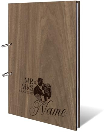 Personalisiertes Hochzeit Gästebuch echtes Holz DIN A4 Hochzeitsbuch mit Lasergravur - Mr und Mrs - mit 72 Blatt / 144 Seiten Naturpapier Weiß