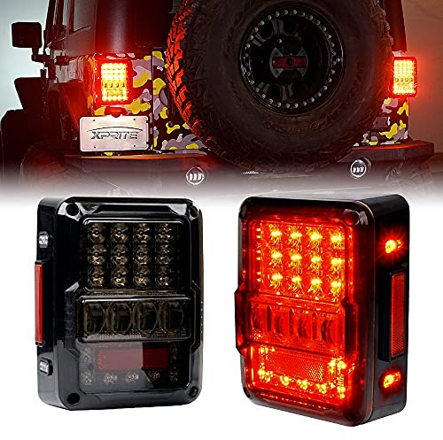 Xprite 4D Smoked LED Tail Lights Compatible with 2007-2018 Jeep Wrangler JK JKU, Plug & Play Rear Taillights w/Built-in Resistors, Parking, Brake, Turn Signal & Reverse Lights, DOT Approved