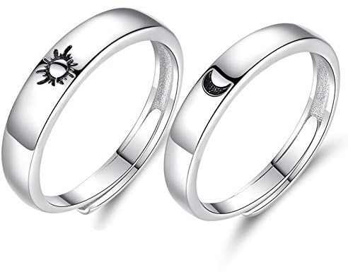 Beydodo 2 PCS Anillo Pareja Ajustable Plata de Ley Redondo Grabado Luna Sol Anillos de Compromiso de Plata