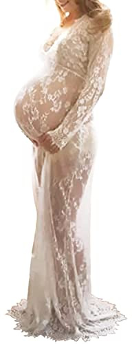 LAEMILIA Robe Maxi Femme Enceinte Bikini Cover UpDentelle Col-V Manche Longue Photographie Robe Longue Mère Enceinte