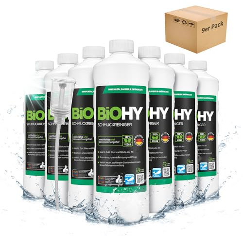BiOHY Schmuckreiniger (9 x 1 Liter) + Dosierer | Aktive Glanzformel | flüssiges Konzentrat für jedes Ultraschallgerät | für Uhren, Schmuck und Edelmetalle | effektive Ultraschall Reinigung