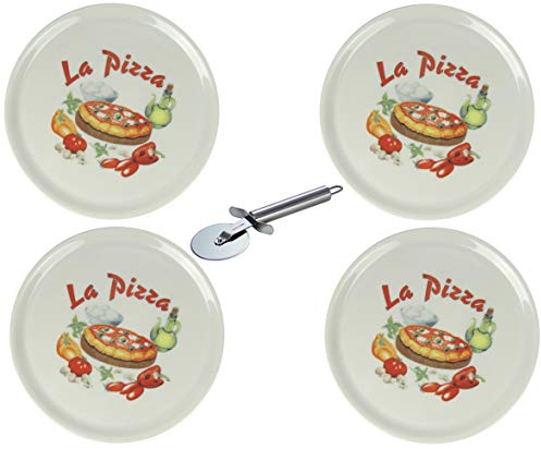 Saturnia XXL Porzellan Pizzateller Speiseteller mit verschiedenen Motiven inkl. Edelstahl Pizzaschneider 4 Stück, La Pizza Ø31cm