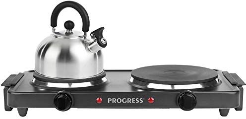 Progress EK4399P Electric Twin Hot Plate Dual Temperature Controls,Portable Hob Rings,Easy Grip Carry Handles, Non-Slip Tabletop & Outdoor BBQ Cooking,Compact Living,Holiday Homes/Caravans 1500W Black