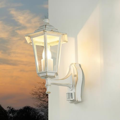Utomhusvägglampa med rörelsesensor Glas Aluminium Vit-Guld IP44 Hus B:17 cm E27 Sensor Lanternin Nostalgisk utomhuslampa PARIS