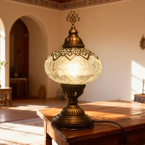 Mozaist Cracked Clear Moroccan Mosaic Table Lamp – Handmade Turkish Glass, Light Bulb Included, Boho Chic Bedside & Living Room Accent