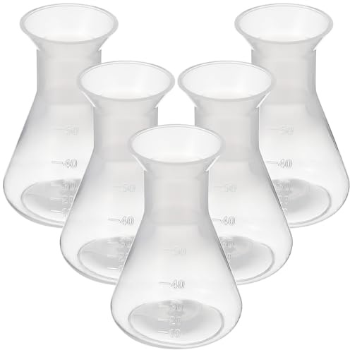 iplusmile 5 Pcs Plastic Flask with Graduations, 50ml Transparent Erlenmeyer Flask, Narrow Neck Conical Flask for Lab Science Experiment