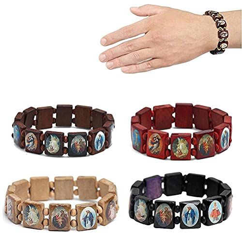 Kuashidai 4 Stück Jesus-Armband aus Holz, Rosenkranz, elastischer Stretch-Armreif mit Bildern religiöser Heiliger, katholischer Heiliger Götter, Göttin, 2.17 inch, Holz