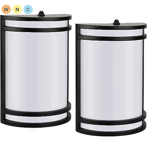 kadision Dusk-to-Dawn LED Wall Sconce, 3000K/4000K/5000K 3-Color Adjustable, 15W 1200lm 120V, Half-Cylinder Outdoor Wall Lights for House, Aluminum Frame, 2-Pack