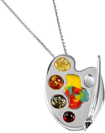 HENRYKA 925 Sterling Silver Artist Palette Earrings, Necklace, Brooch in Baltic Amber | Art Jewellery Gifts