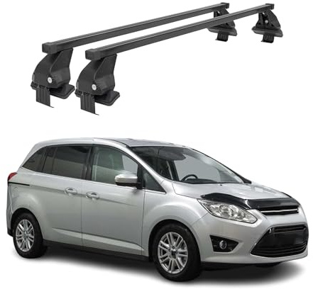 OMAC Menabo Dachträger für Ford C-Max 2010-2019 Stahl Schwarz | DIN 75302:2019 & ISO/PAS 11154:2006 geprüft, Abschließbar, City-Crash-getestet, bis 50 kg Traglast, Querträger, Grundträger