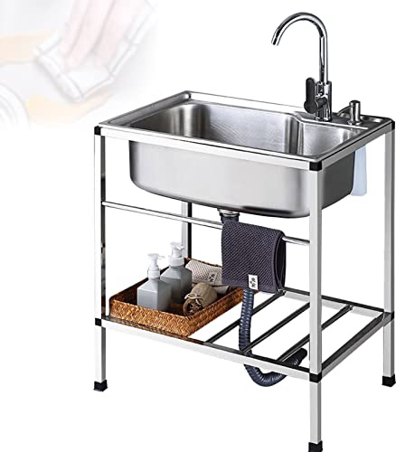 WORDFUN Fregadero De Cocina Independiente, Fregadero Camping con Grifo, Mueble Pila Lavadero, Fregadero Industrial De Acero Inoxidable, para Garaje, Jardín, Cocina, Lavadero