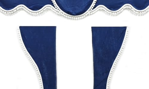 LKW Vorhänge - 3 STK. Gardinen Set in Blau mit weißen Pompons