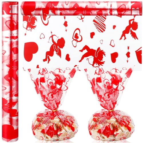 Gueevin Zellophanfolie zum Valentinstag, Zellophanpapier, Herzen, Geschenkpapier, 30,5 m lang x 40,6 cm breit, 2,5 mm, transparente Geschenkpapierrolle für Valentinstag, Basteln, Leckereien, Blumen,