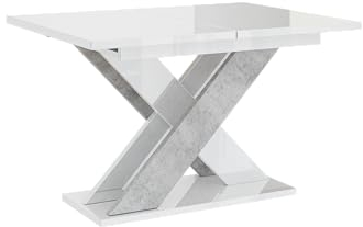 PROROOM FURNITURE Xara Ausziehbarer Wohnzimmertisch 120-160x90 cm Moderner Säulentisch Helles Interieur Weiß Hochglanz Betonoptik