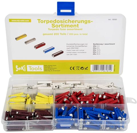 SeKi Assortiment de 200 fusibles torpilles ; 25 x 5 A, 50 x 8 A, 50 x 16 A, 50 x 25 A, 25 x 40 A ; fusibles anti-fuite