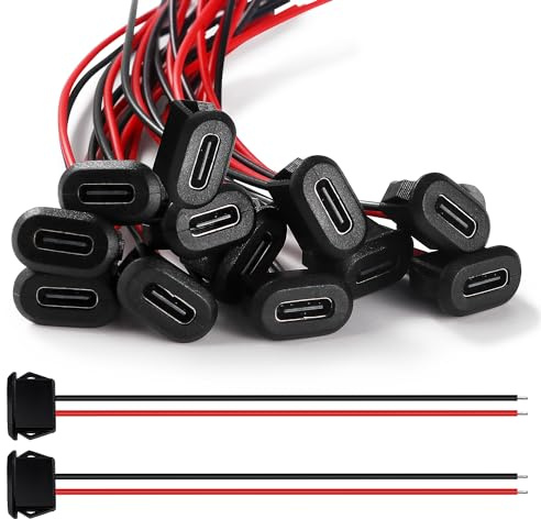 KUOQIY Lot de 12 connecteurs USB-C femelle 3 A 2 broches, prise USB C avec boucle à encliquetage, 2 fils encastrables de type C femelle avec fils 100 mm 24 AWG, noir