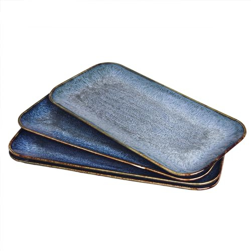 jinsongdafa Porcelain Dinner Plates plate set dessert salad dish Set of 4, Main Dish for Steak, Bread, Risotto, Pasta, Salad, Microwave Oven and Dishwasher Safe (Blue 31.4cm, rectangular)