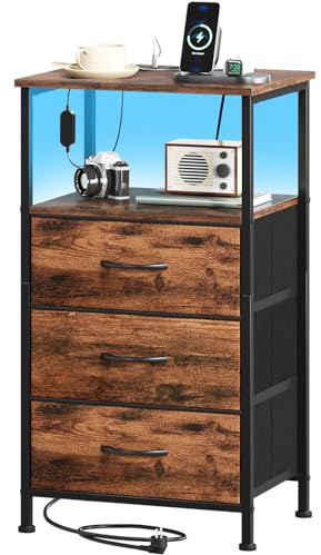Somdot Table de Chevet LED, 2 Prises & 2 USB, 3 Tiroirs, Marron | Chevet de Lit, Station de Charge & LED Réglable, 3 Tiroirs en Tissu, Chambre à Coucher Salon, 30P x 40l x 72H