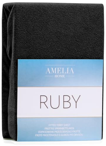 AmeliaHome Spannbettlaken 180x200-200x200 cm Frottee Baumwolle Spannbetttuch, schwarz
