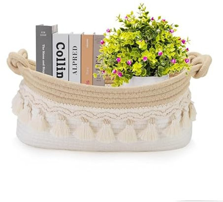 Cesta de almacenamiento de cuerda de algodón trenzada, cesta de algodón con asa, cesta de almacenamiento apilable decorativa para habitación infantil, salón, baño (caqui)