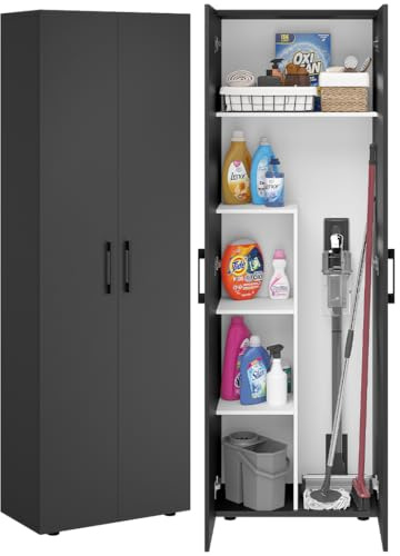 Bellamio Apol Besenschrank 60 cm breit, Schwarz, Staubsaugerfach, Stauraum | Mehrzweckschrank, Vorratsschrank Küche, Putzschrank aus Holz, Flurschrank, Haushaltsschrank, Allzweckschrank, 176x33x60 cm