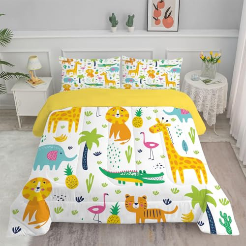 Bettdecke 135x200 4 Jahreszeiten, Gelbes Waldtier Vierjahreszeiten Steppdecke 135x200, Warme Ganzjahresdecke Giraffe Löwe Bettdecke ohne Bezug Waschbar Schlafdecke mit 2 Kissenbezug 80x80cm
