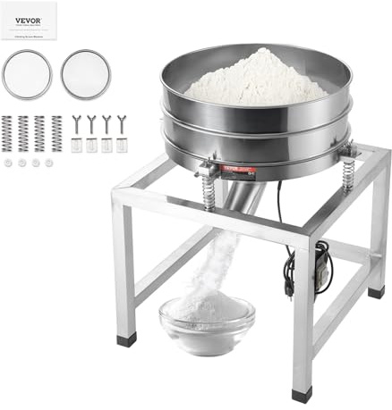 VEVOR Tamiz Vibratorio Eléctrico Automático de Acero Inoxidable con Malla 40+100, 25 W con Soporte y Ruedas, para Harina en Polvo, Frijol Mungo, Arroz, Mijo, 570 x 575 x 680 mm, 3450 r/min, Plata