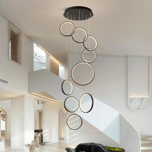 LED Pendant Light Staircase Modern Dimmable Chandelier Ceiling Lights Rings With Remote Control Adjustable Height 18 Lights 195W Hanging Lights Staircase For Living Room Hotel Entryway Foyer Decor(9 l