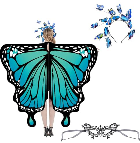 Funnity Schmetterling Kostüm Damen, Faschingskostüme Schmetterling Haarreif Damen für Erwachsene Haarreif Spitze Maske, für Karneval Kostüm, Faschingskostüme, Cosplay(Blau)