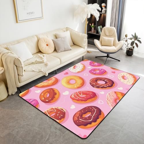 Homemissing Beignets Teppich 100x150cm Beignets au Chocolat pour Enfants Modern Teppich garçons Filles Amour Wohnzimmerteppich Rose Wetterfest